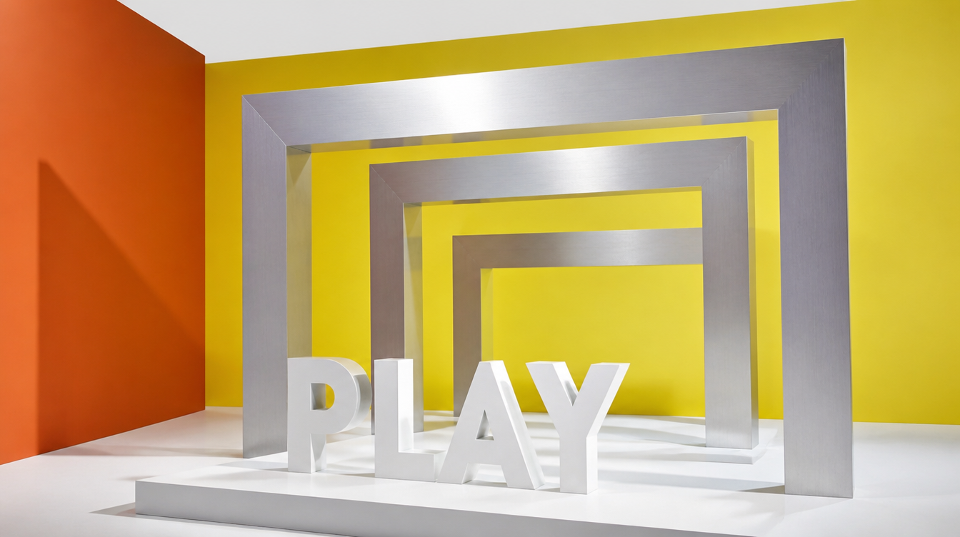 겹겹의 스크린 프레임 앞에 입체 PLAY 글자가 서 있는 무대 콘셉트